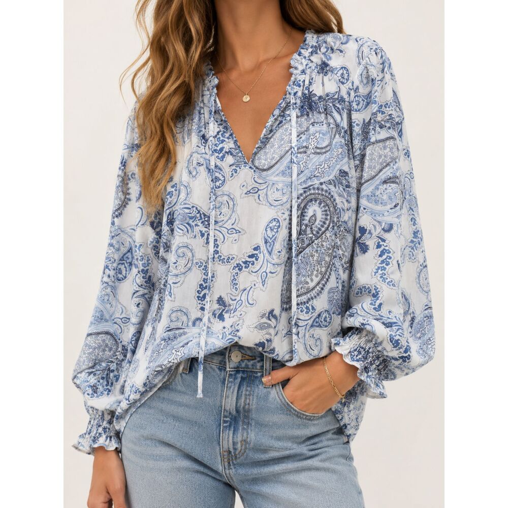 Cynthia Rowley Blue Paisley Ruffle Peasant Blouse Boho Cottagecore Flowy 2X